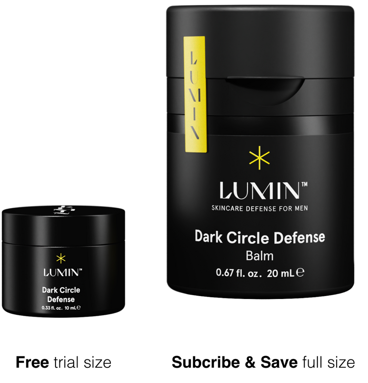 Lumin Dark Circle Defense balm in free 10mL trial and 20mL full size for men's skincare and under-eye dark circle treatment.