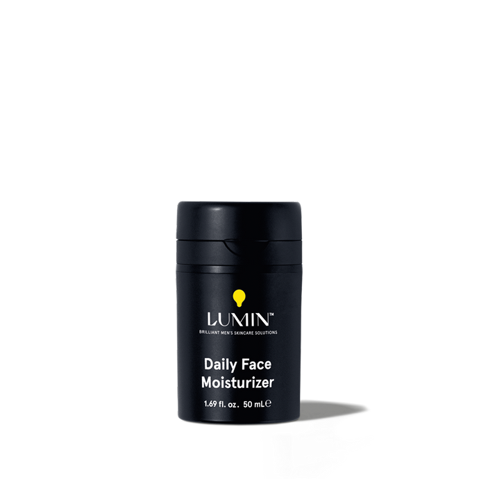 Lumin daily face moisturizer for men in black 50ml bottle, hydrating skincare solution for men’s skin care.