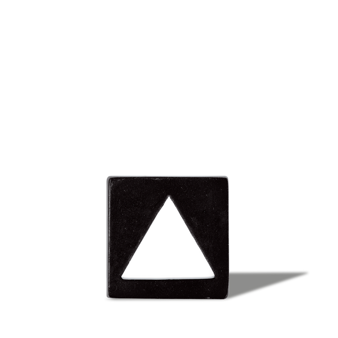Black square button with a white upward-pointing triangle symbol, casting a shadow on a white background.
