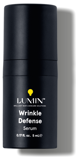 Lumin Wrinkle Defense Serum for men, black bottle with yellow lightbulb logo, 0.17 fl oz, anti-aging skincare product