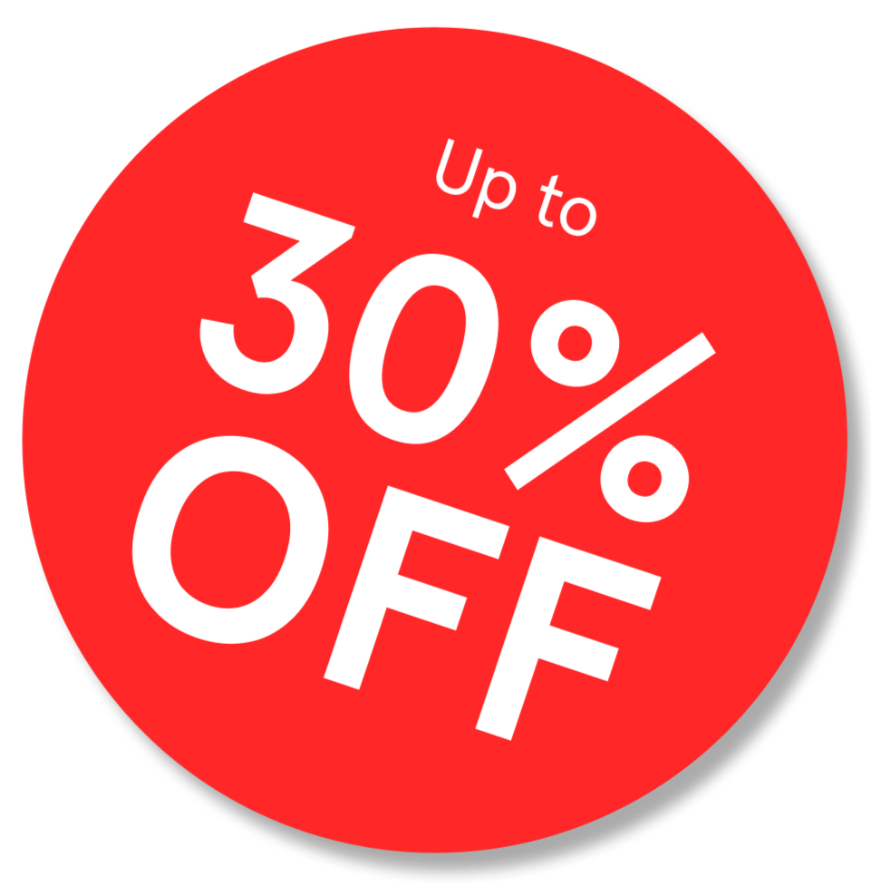 Red circular discount sticker with 'Up to 30% Off' text on a white background