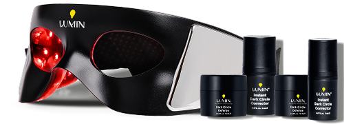 Lumin black LED light therapy mask with red light, accompanied by three skincare products for dark circle treatment.