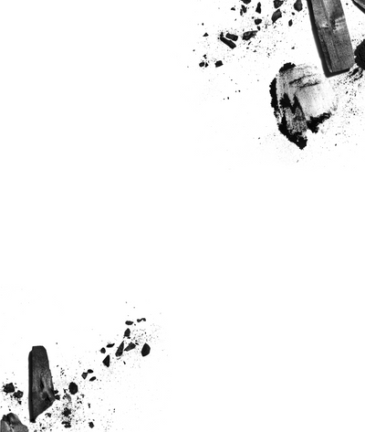 Charcoal chunks and black charcoal powder scattered on a white background, art and drawing supplies.