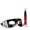 Black Lumin facial sculpting mask with LED lights and red Lumin lip gloss for skincare and lip care routine.
