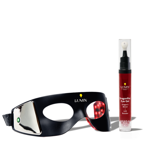 Black Lumin facial sculpting mask with LED lights and red Lumin lip gloss for skincare and lip care routine.