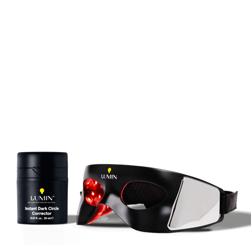 Lumin Instant Dark Circle Corrector cream with black LED light therapy eye mask for men’s skincare and dark circle treatment.