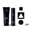 Lumin men's charcoal face wash and super light moisturizer with black and white geometric shapes for skincare routine.