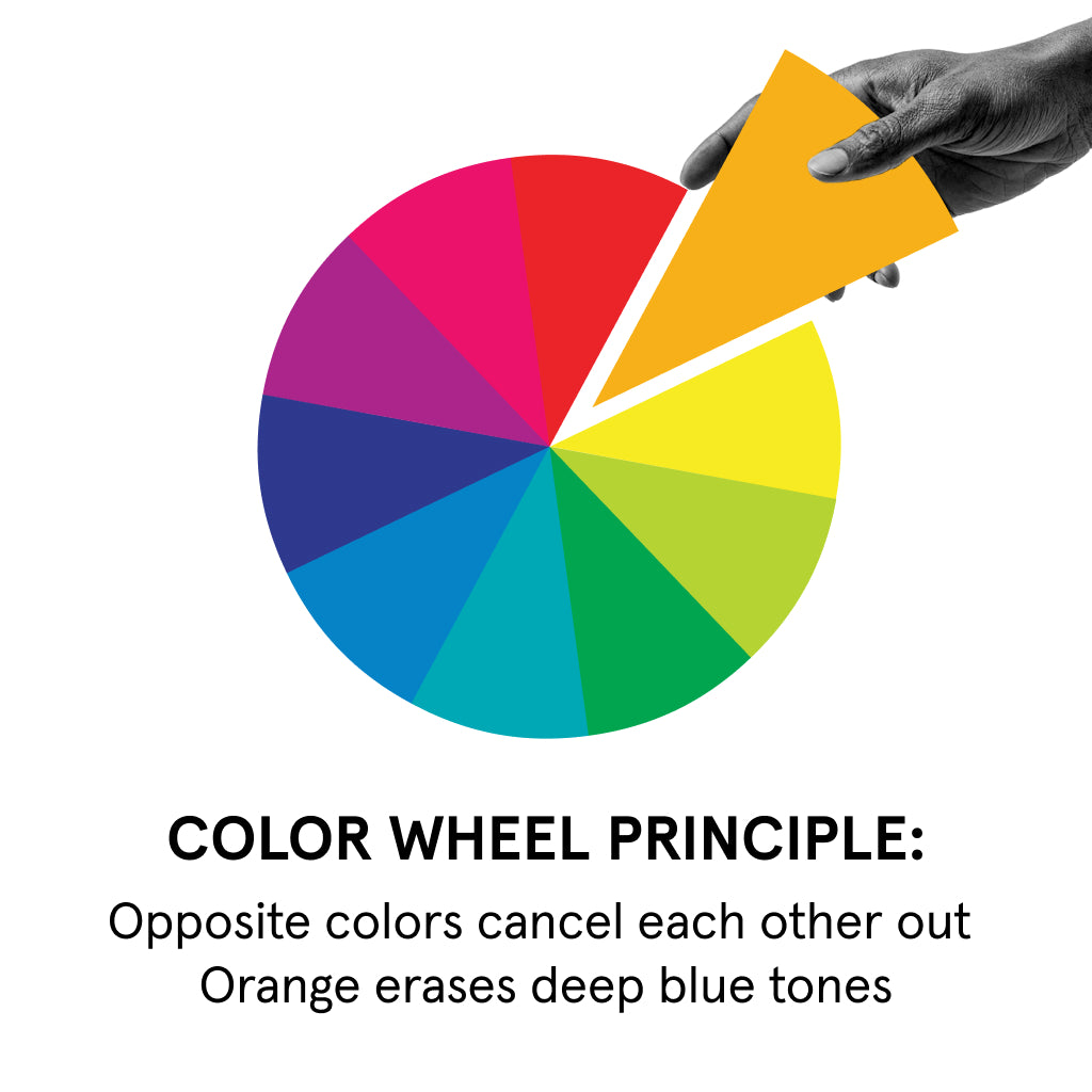 Hand holding orange pie slice from colorful color wheel illustrating opposite colors canceling each other in design principle.