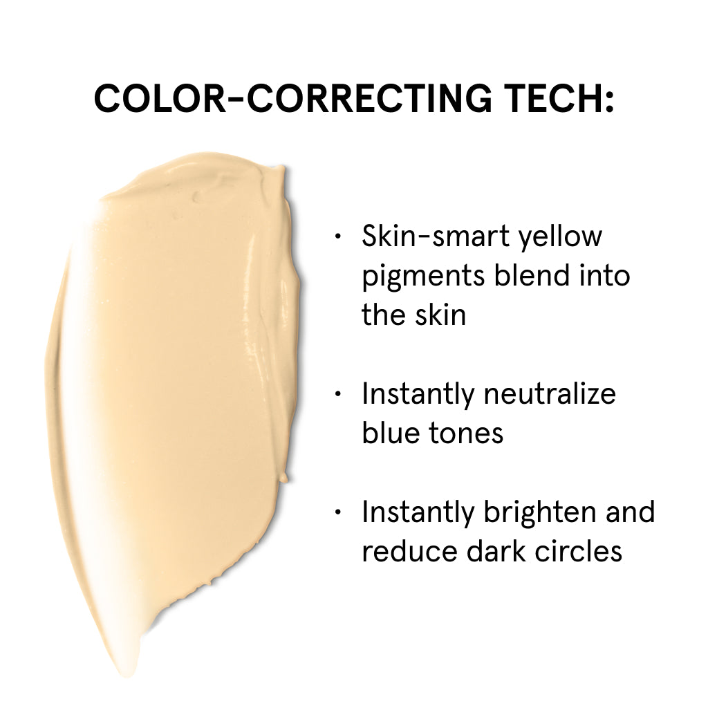 Yellow-toned color-correcting cream swatch with benefits: neutralizes blue tones, brightens skin, reduces dark circles.