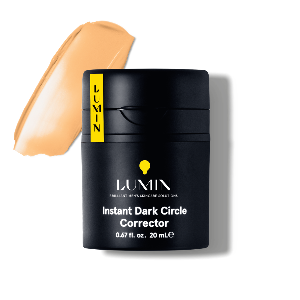 Lumin Instant Dark Circle Corrector black container with beige concealer swatch men's skincare eye treatment 20ml