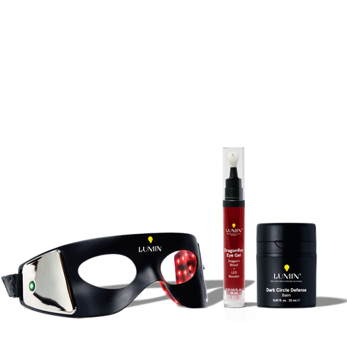 Black LED light therapy mask with red light, anti-aging serum in dropper bottle, and collagen booster cream jar for skincare routine