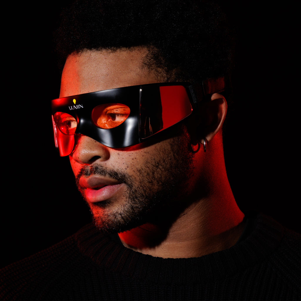 Man with led eye mask on