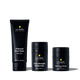 Lumin men's skincare set with Charcoal Face Wash, Extra Strength Moisturizer, and Dark Circle Defense Balm in black packaging.
