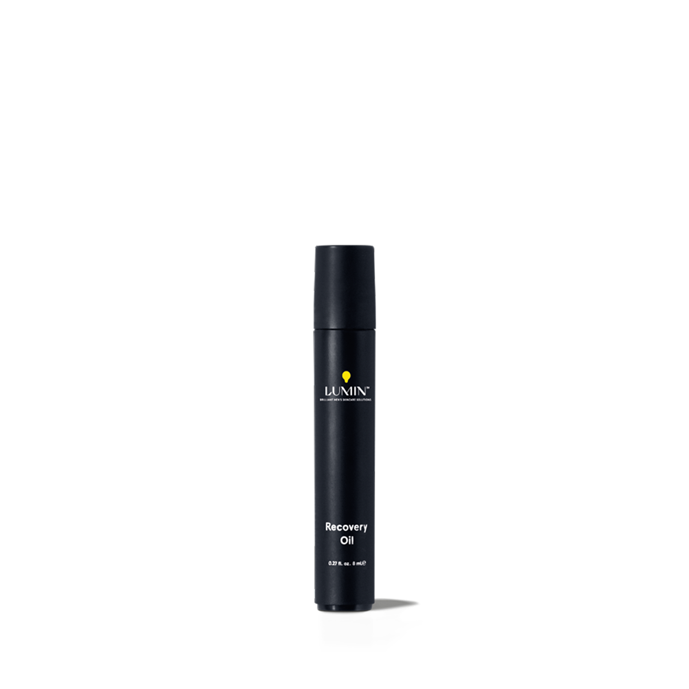 Lumin Recovery Oil black bottle for men's skincare, 0.27 fl oz facial repair and hydration serum