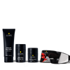 Men's skincare set with charcoal face wash, daily face moisturizer, dark circle defense balm, and LED light therapy eye mask