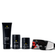 Men's skincare set with charcoal face wash, daily face moisturizer, dark circle defense balm, and LED light therapy eye mask