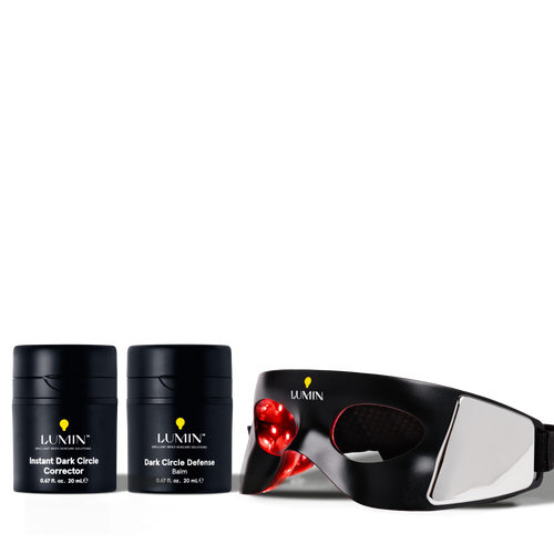 Lumin men's skincare Instant Dark Circle Corrector and Dark Circle Defense Balm with LED light therapy eye mask for dark circles.