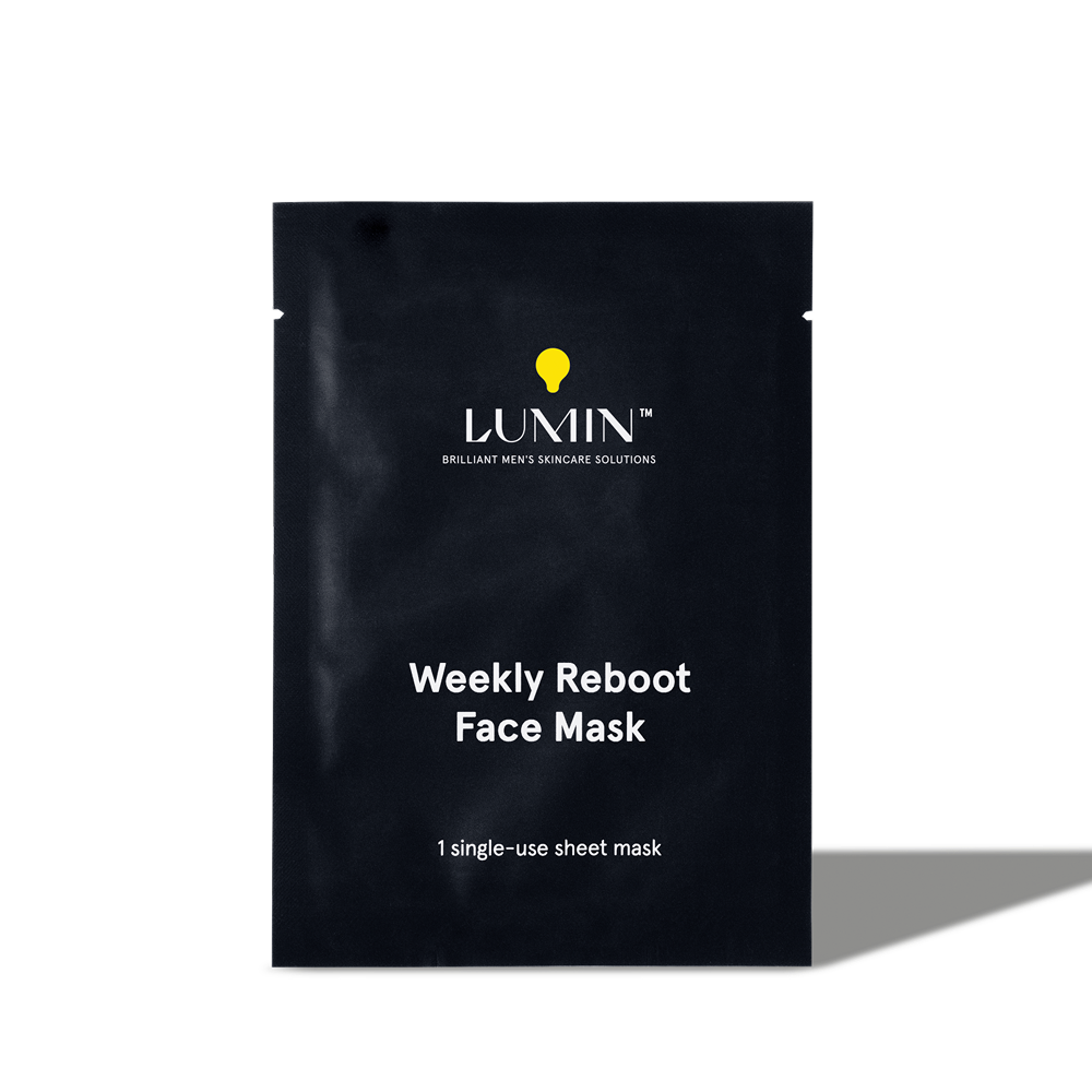 Lumin Weekly Reboot Face Mask single-use sheet mask for men’s skincare, deep cleansing and hydration treatment.