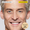 Split-face comparison showing under-eye dark circles reduced after applying medium light concealer on male model's face