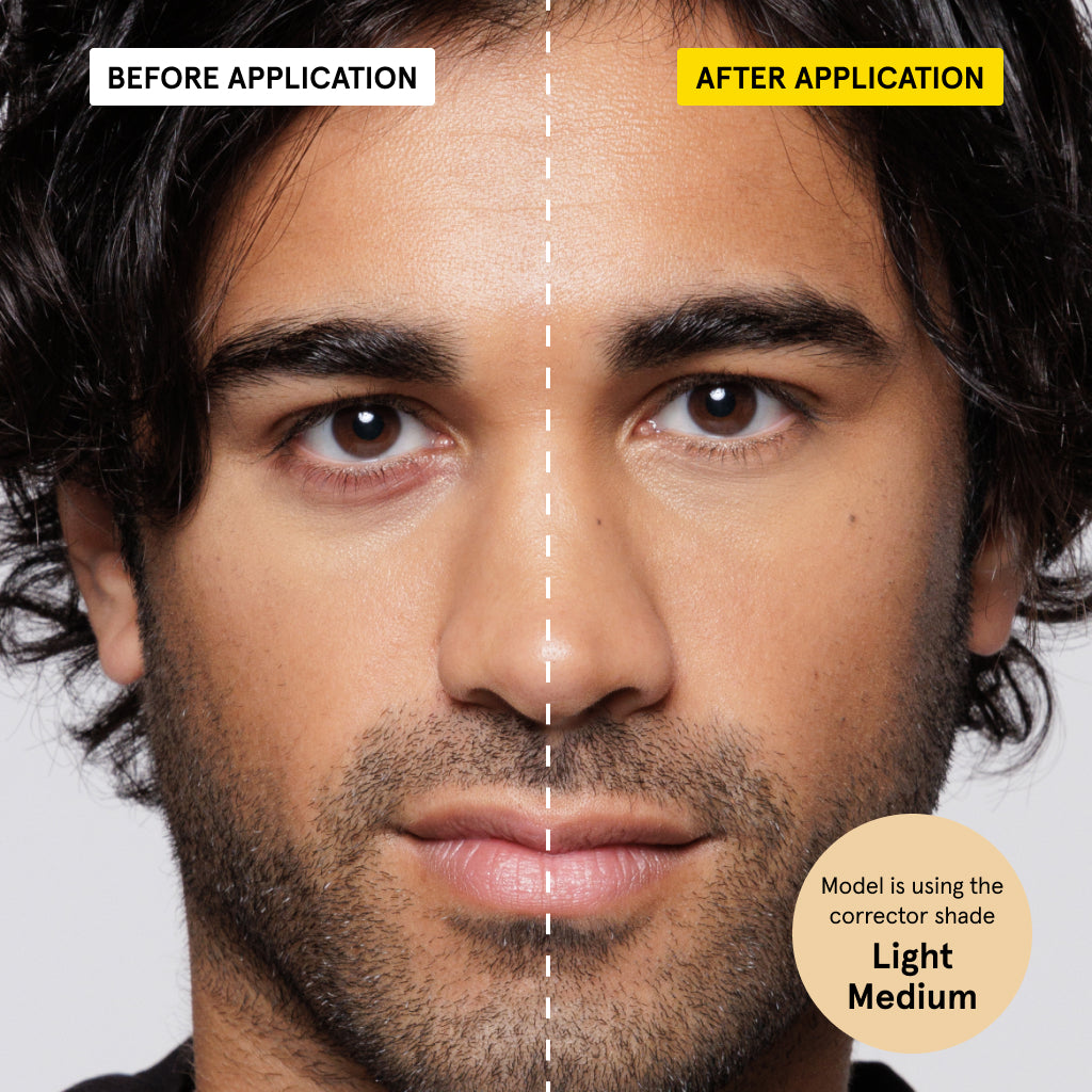 Before and after makeup application on male face showing reduced dark circles and even skin tone using Light Medium corrector shade.