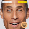 Man's face before and after applying medium deep corrector, showing reduced under-eye dark circles and even skin tone.